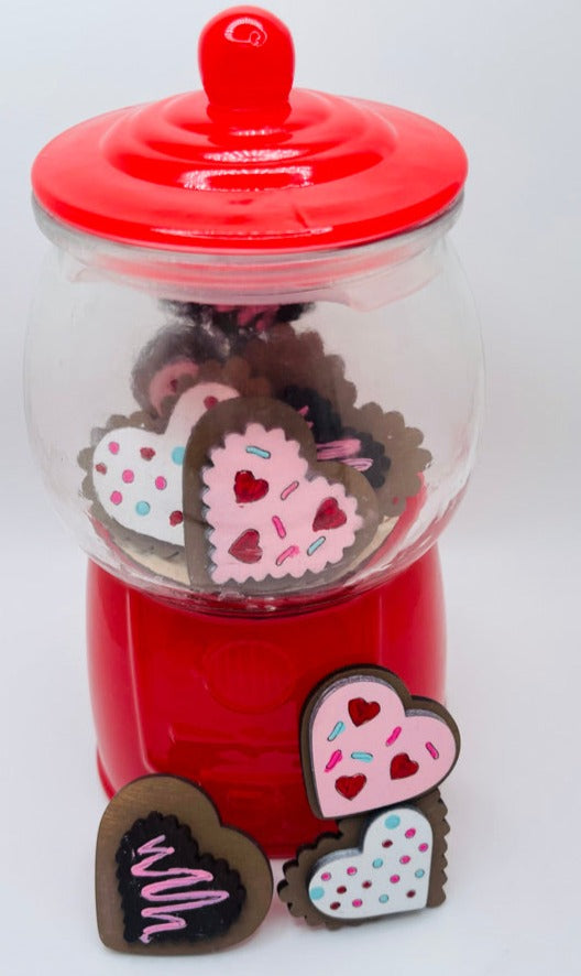 DIY Valentine's day cookies in a Little August Ranch Valentine Gumball Machine Filler - DIY Gumball Filler Craft Kit - Wood Blanks.