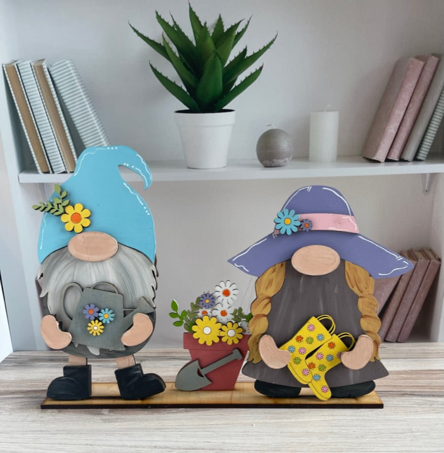 A pair of Spring Freestanding Wood Gnome Outfits- Spring Garden Interchangeable Gnomes - DIY Paint and Decorate Yourself, perfect for spring decoration, by Little August Ranch.