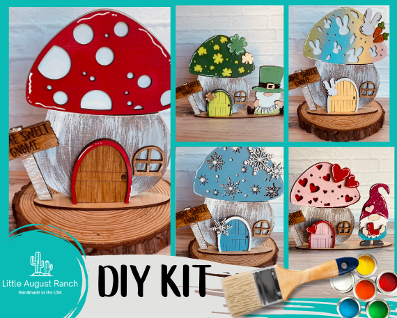 A set of pictures showing the Little August Ranch Mushroom DIY Interchangeable Decor Inserts - Wood Paint Kit - Spring for a Mushroom House.