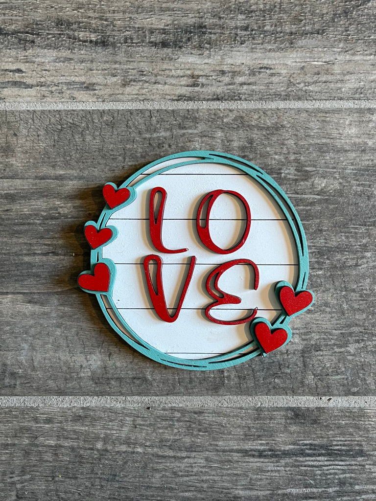 A Little August Ranch Valentine Tiered Tray Set - Finished Tray Bundle - Love Birds - Loads of Love - Love Shelf Decor with a wooden sign of "love" conveying loads of love.