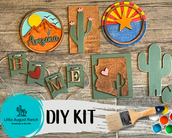 Looking to add some Little August Ranch Arizona Tiered Tray Decor Bundle DIY - State Decor - Arizona State Flag Decor - Arizona Wood Blanks - Cactus Wood Blanks to your home? This DIY kit is perfect for you! Decorate your space with a customizable cactus using the included Little August Ranch DIY paint. Transform your home into an Arizona.