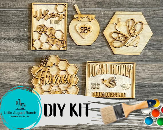 A Little August Ranch DIY kit with Honey Bee DIY Tiered Tray Bundle - Beehive Tiered Tray Kit - Welcome to Our Hive - Local Honey - Paint it Yourself - Bee Wood Blanks.