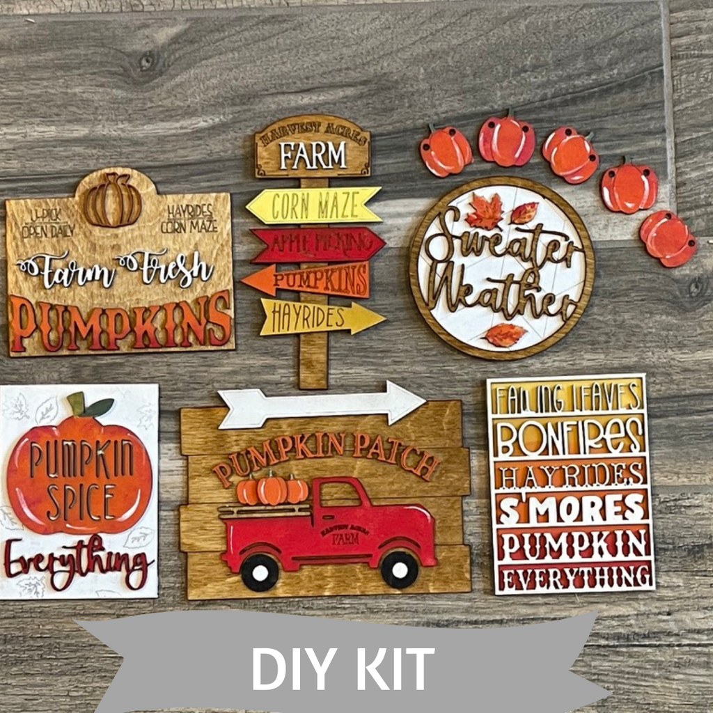 A DIY Fall Tiered Tray - Pumpkin Patch Tier Tray Bundle with pumpkins, signs, and other wood items by Little August Ranch.
