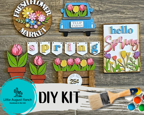 This Spring Flower Market DIY Paint Kit from Little August Ranch includes wood items for you to decorate using a paint brush. Beautiful flowers add the perfect touch to your homemade creations.