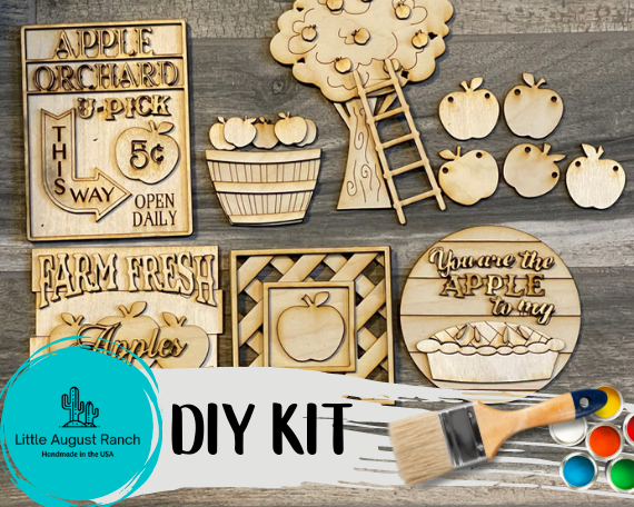 A Little August Ranch DIY paint kit with Apple Tiered Tray - Farmers Market Wood Blanks - U-Pick- Summer Paint Kit and a paint brush.