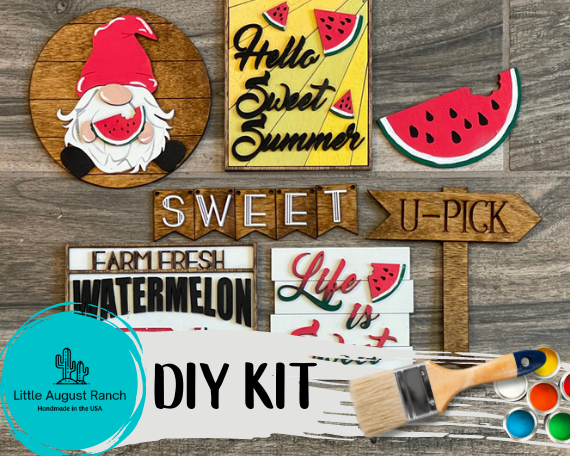 The Watermelon Tiered Tray DIY Paint Kit - Farmers Market Wood Blanks - U-Pick- Summer Paint Kit by Little August Ranch is a fun and creative project that allows you to create your own Watermelon Tiered Tray. The kit includes all the necessary materials and instructions for you to unleash your creativity and enjoy.