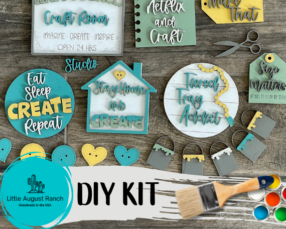 A Little August Ranch Craft Crafting Tiered Tray DIY Kit with a paint brush and wood paint.