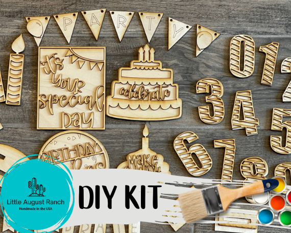 A Little August Ranch DIY Birthday Tiered Tray Bundle with wooden decorations and paint.