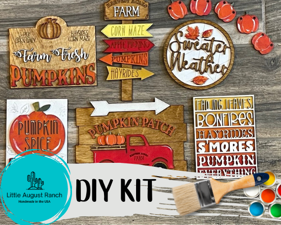 A Little August Ranch DIY Fall Tiered Tray - Pumpkin Patch, Sweater Weather kit with paint, paintbrushes, and instructions for wooden items such as a tiered tray.