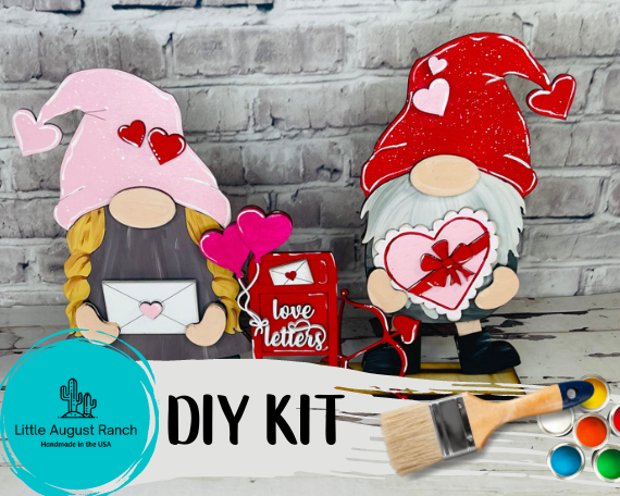 Two Valentine Freestanding Wood Gnome Outfits- Love Interchangeable Gnomes - DIY Paint and Decorate Yourself from Little August Ranch and a heart with the words diy kit.