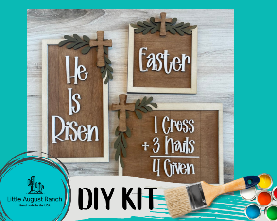 Little August Ranch Easter Sign Trio DIY Wood Decor-He is Risen - DIY Wood Paint Kit featuring a Risen theme.