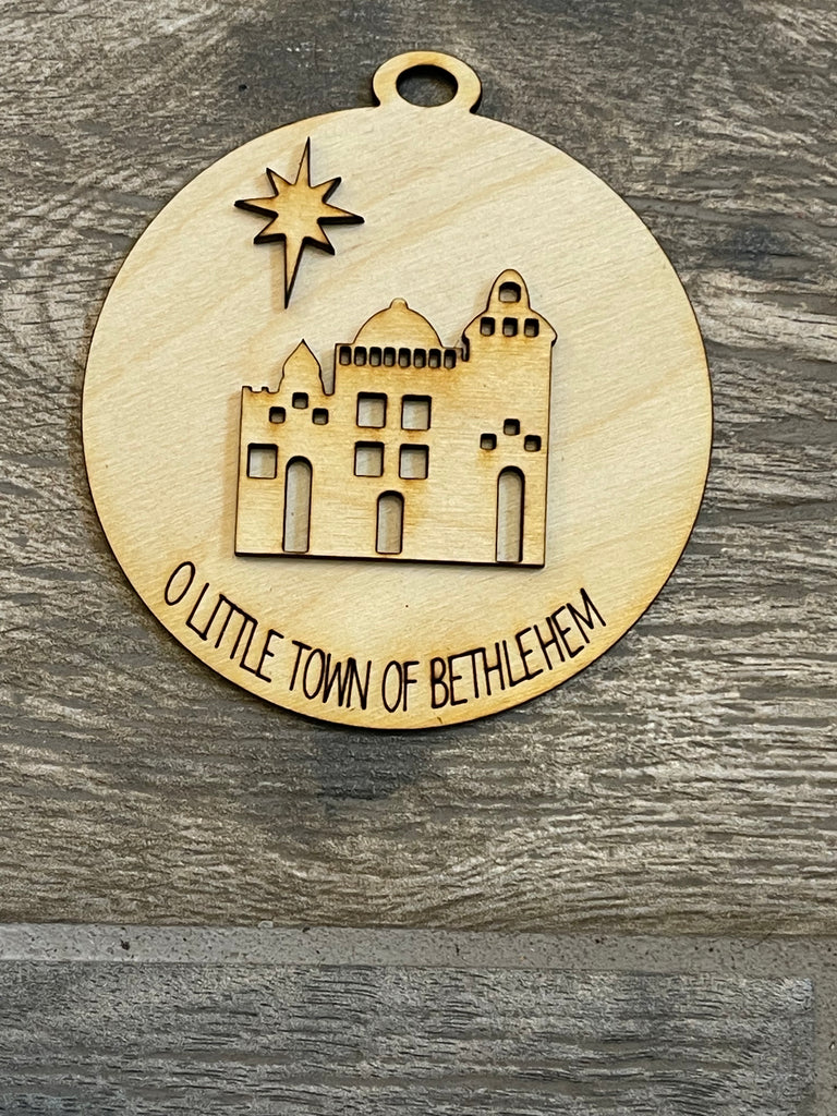 DIY Christmas Tree Ornament Wood Blanks made by Little August Ranch depicting the little town of Bethlehem.