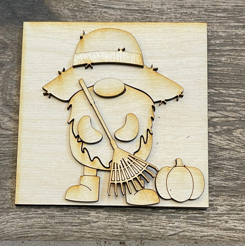 Wooden Fall Farm Square DIY Decor kit for a fall-themed decoration featuring a scarecrow with a rake and pumpkins designed for tiered trays by Little August Ranch.