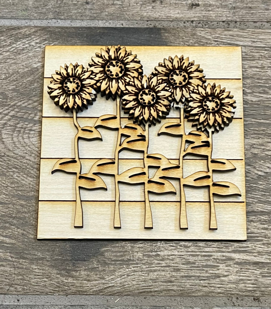 Fall Farm Square DIY Decor depicting sunflowers on a table, comes as a DIY kit including wood pieces. Created by Little August Ranch.