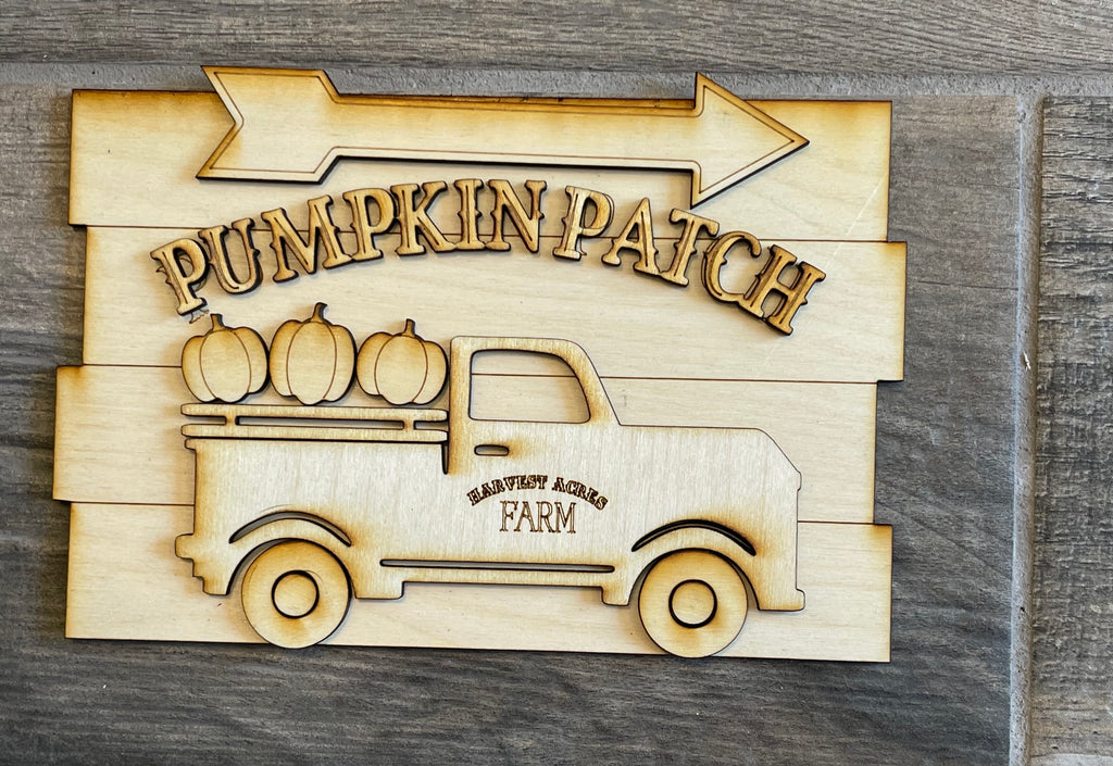 A DIY Fall Tiered Tray - Pumpkin Patch, Sweater Weather from Little August Ranch, consisting of a wooden sign with the words pumpkin patch on it, is suitable for DIY kits or complementing wood items such as tiered trays.