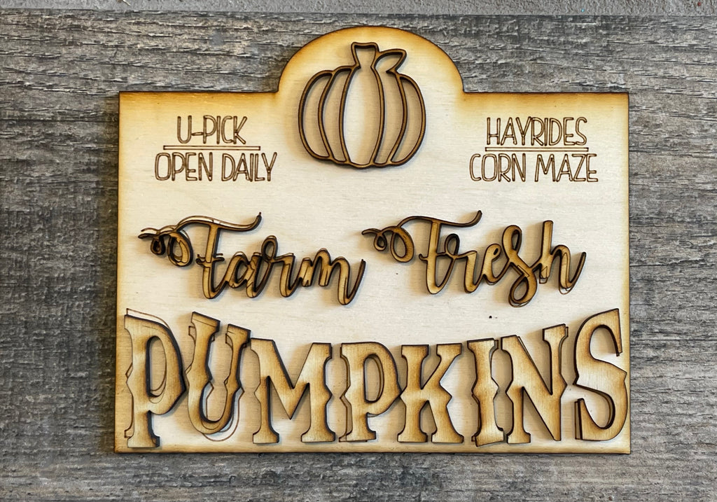 A DIY Fall Tiered Tray - Pumpkin Patch, Sweater Weather painted wooden sign that says fresh pumpkins by Little August Ranch.