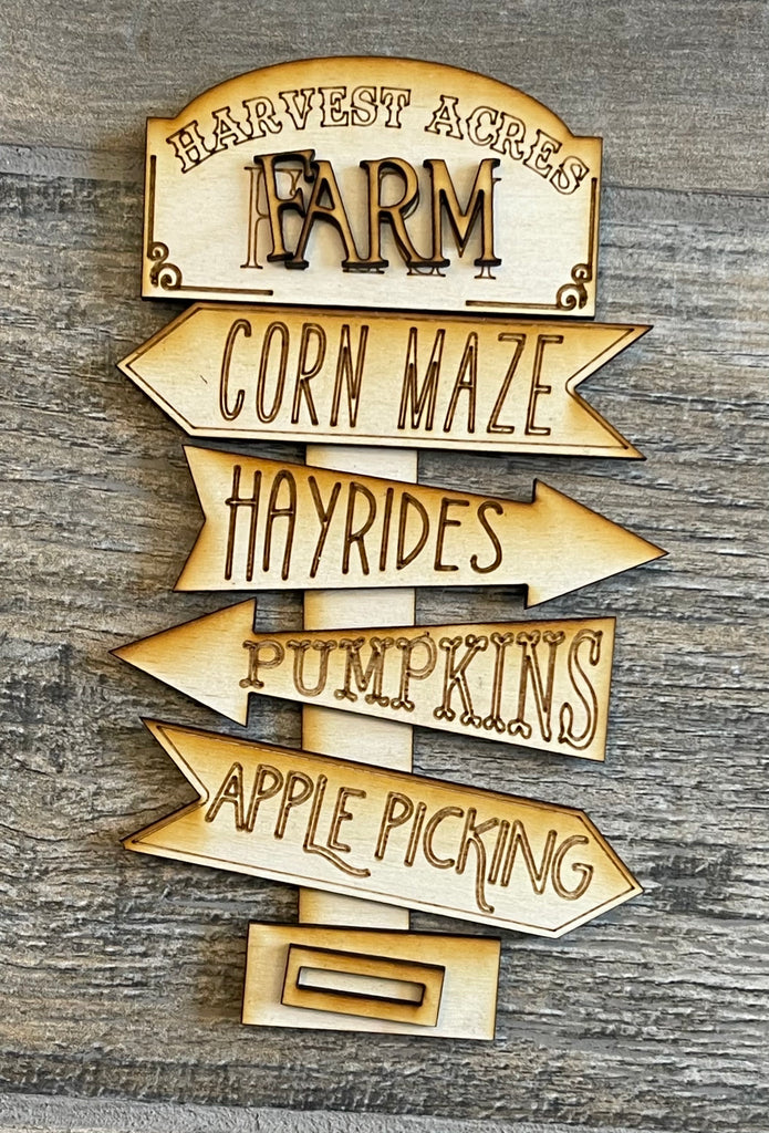 A wooden sign that says corn maze, hayride, pumpkin patch, and apple orchard. Perfect for DIY painting and suitable for the DIY Fall Tiered Tray - Pumpkin Patch Tier Tray Bundle by Little August Ranch.