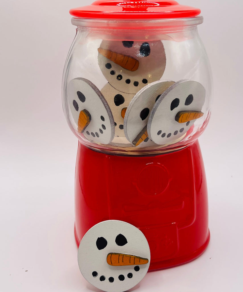 A Winter Gumball Machine Filler - DIY Gumball Filler Craft Kit - Wood Blanks from Little August Ranch with snowmen in it.