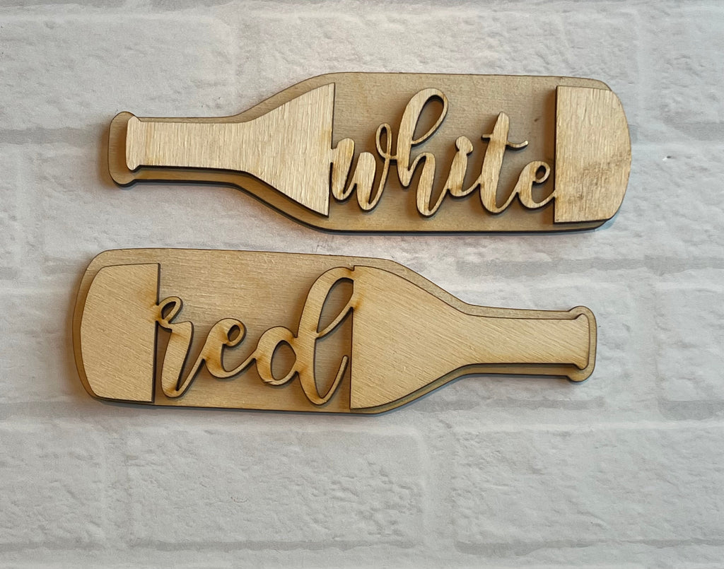Little August Ranch's DIY Wine Tiered Tray - Wine and Cheese Tiered Tray Decor- Uncork Tiered Tray - Paint it Yourself is a kit for two wooden wine bottles to paint and decorate with the words white and red.