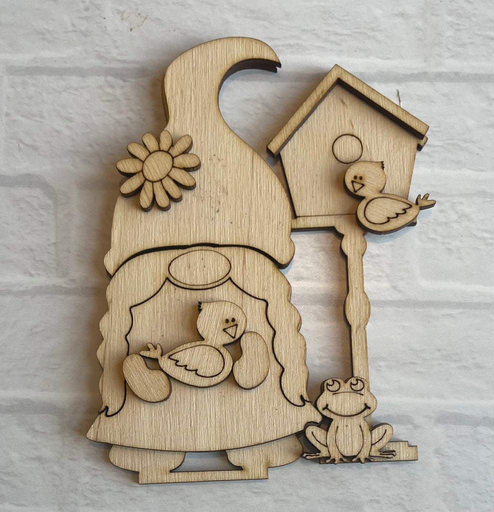 A Little August Ranch DIY Spring Gnome Set featuring a wooden gnome with a birdhouse and a frog. Self-standing wood kit to paint and decorate, the Spring Gnome Standing Gnome Kit - Tiered Tray Gnome - Paint it Yourself - DIY Spring.