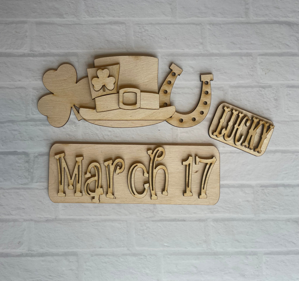 DIY St. Patrick's Day sign featuring Little August Ranch St Patrick's Day Insert for Large Interchangeable Truck with a hat and shamrock.