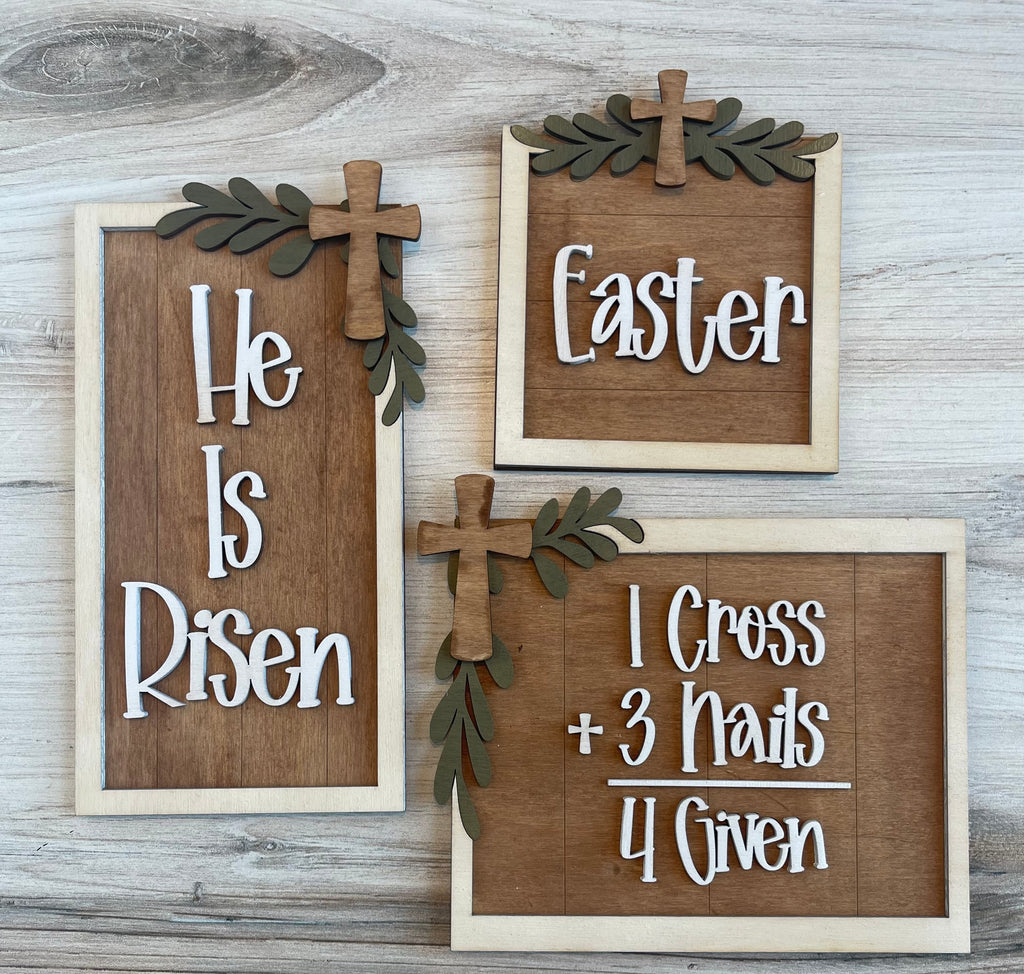 Three Easter Sign Trio DIY Wood Decor-He is Risen with a paint kit from Little August Ranch perfect for craft VIPs.