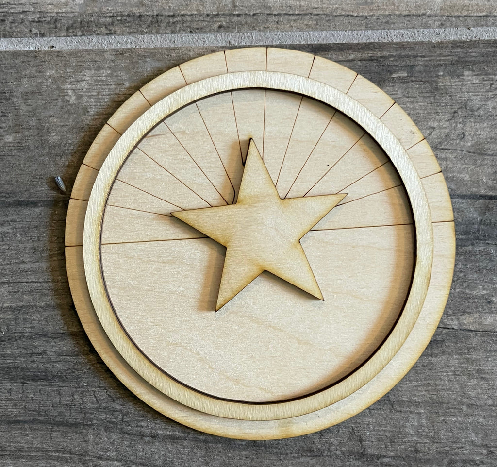 A Little August Ranch DIY painted wooden circle with a star on it, perfect for Arizona Tiered Tray Decor Bundle DIY - State Decor - Arizona State Flag Decor - Arizona Wood Blanks - Cactus Wood Blanks or cactus-themed displays.