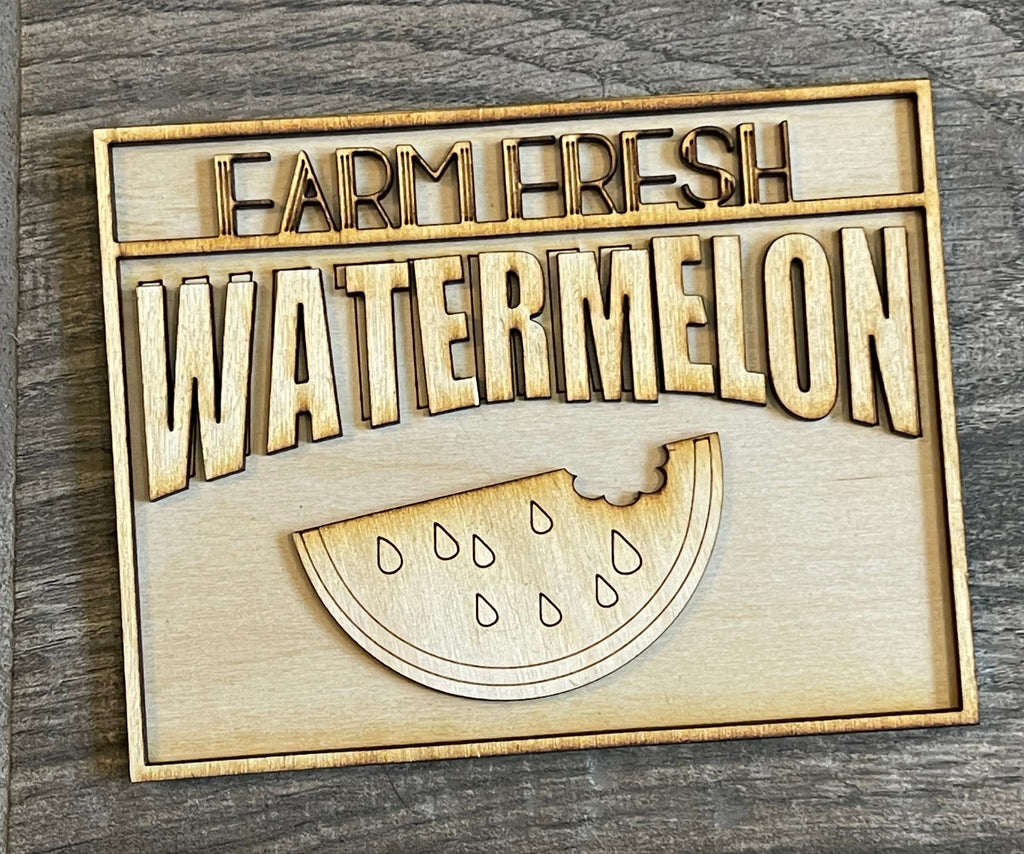 DIY watermelon sign for a farm fresh display, perfect for a Watermelon Tiered Tray DIY Paint Kit - Farmers Market Wood Blanks - U-Pick- Summer Paint Kit from Little August Ranch.