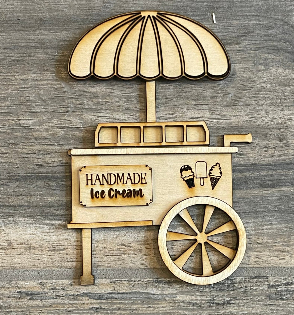 Handmade Little August Ranch wood ice cream cart featuring tiered trays and DIY painted accents.