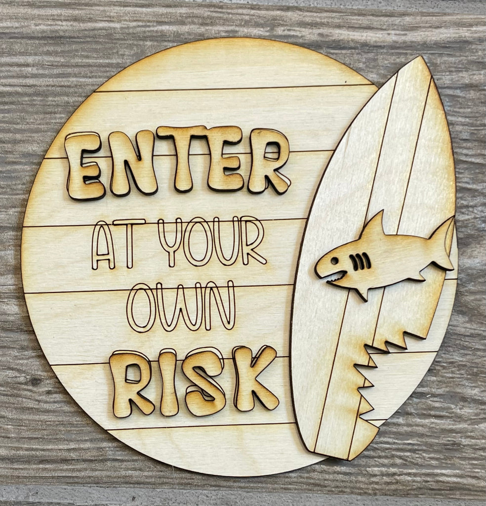 Enter at your own risk Shark Tiered Tray - Shark Week Themed Tiered Tray - Beach Decor - Fins Up wooden sign by Little August Ranch.
