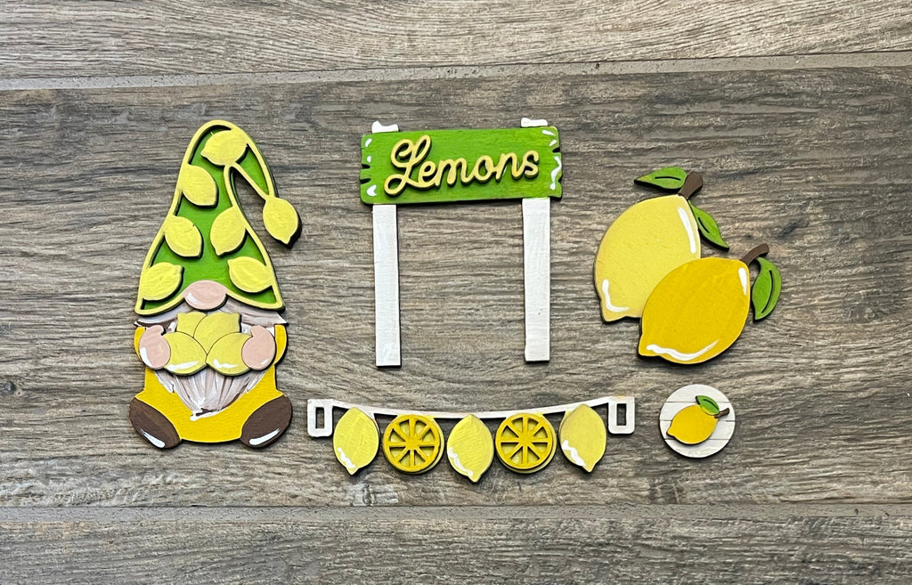 A Lemon Gnome Insert DIY by Little August Ranch, lemons, and a sign on a wooden table.