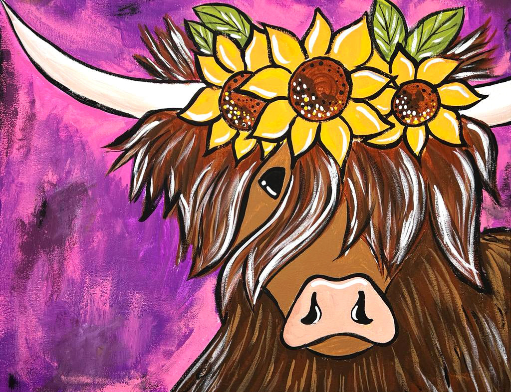 Experience the beauty of a Little August Ranch Highland Furry Cow adorned with vibrant sunflowers through this captivating painting. Embark on an immersive online class to unlock your artistic potential with a membership in the Highland Furry Cow LIVE Virtual Paint Party.