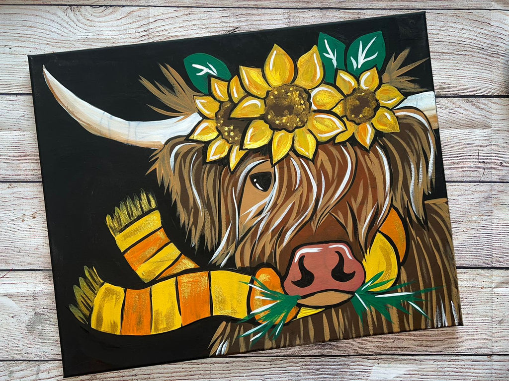 Join our online class for a unique painting experience and learn to create a stunning portrait of the Highland Furry Cow adorned with sunflowers and wearing a cozy scarf. Become a member today! Participate in the Little August Ranch's Highland Furry Cow LIVE Virtual Paint Party.