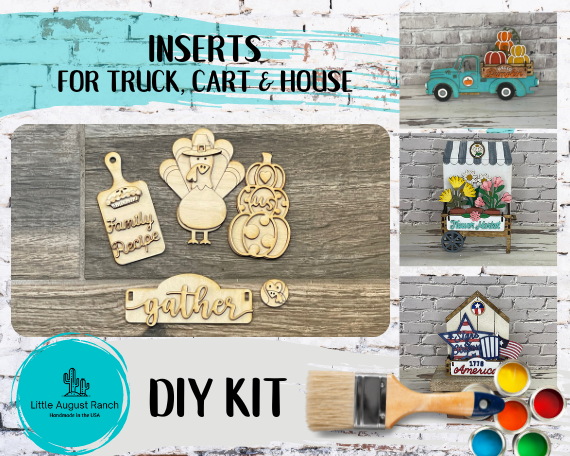 A collection of items for a Little August Ranch Thanksgiving Insert DIY - Turkey Inserts for Interchangeable Inserts - Tiered Tray Decor - Freestanding Shelf Decor - Paint it Yourself Kit truck cart and house.