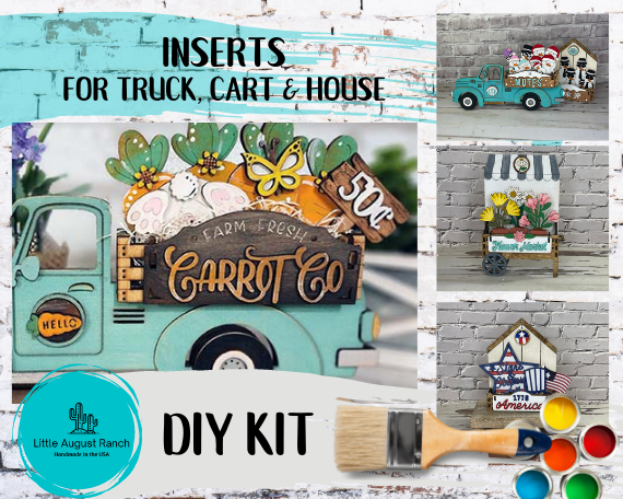 A DIY kit for a truck cart and house, featuring tiered tray bases for added versatility. Create your own Carrot Farm Insert DIY with our high-quality wooden blanks from Little August Ranch!