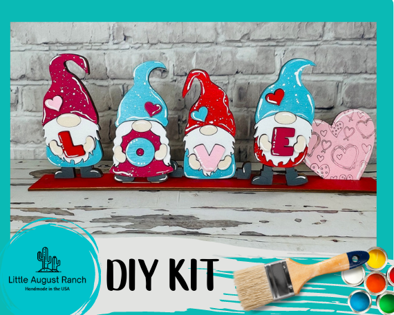 Create adorable self-standing gnomes with our Valentine Gnomes Shelf Sitter - LOVE - Valentine Wood Blanks DIY Paint Kit from Little August Ranch, perfect for Valentine's Day.