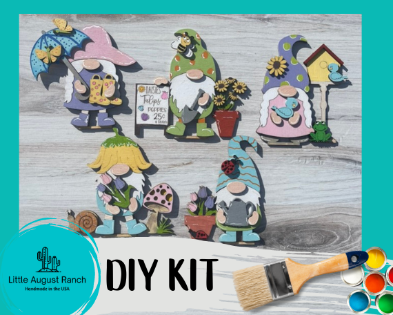 A Spring Gnome Standing Gnome Kit - Tiered Tray Gnome - Paint it Yourself - DIY Spring from Little August Ranch, for a fun DIY project, complete with self-standing wood gnomes and a paint brush to paint and decorate.