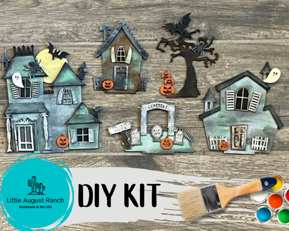 A Little August Ranch Halloween DIY Kit with DIY Halloween Village Standing Pieces - Haunted Village - Halloween Shelf Decor Blank Kit - Graveyard, Spooky House, Ghost Wood Blanks.