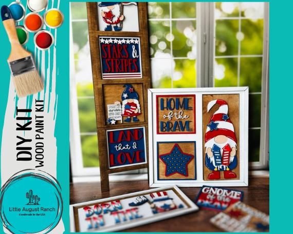 A 4th of July Square DIY Decor - Gnome DIY Bundle with a Little August Ranch theme displayed near a window.