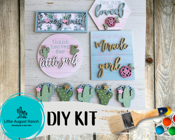 A Little Girls Tiered Tray DIY - Paint it Yourself kit with cactus, wood pieces, paint, and brushes to decorate from Little August Ranch.