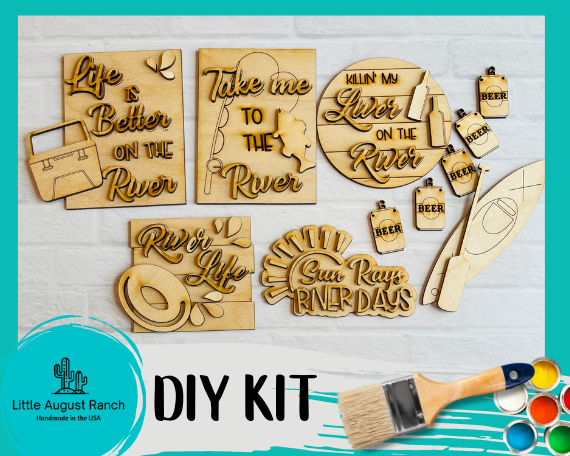 This Little August Ranch DIY paint kit includes a paint brush and all the necessary supplies to create stunning home decor projects such as the River Life DIY Tiered Tray - Kayak - River Tubing Craft Kit. The kit also includes high-quality wood blanks for you to create your own River Wood Blanks.