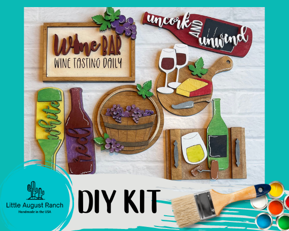 A DIY kit with Little August Ranch's DIY Wine Tiered Tray - Wine and Cheese Tiered Tray Decor- Uncork Tiered Tray - Paint it Yourself for a tiered tray display.