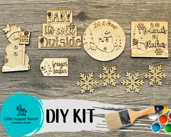 The Winter DIY Kit, Little August Ranch's DIY Winter Snowman Tiered Tray - Baby it's cold Outside Tier Tray Bundle - Tiered Tray Decor Bundle DIY, includes a snowman, paint brush, and paint for you to creatively decorate.