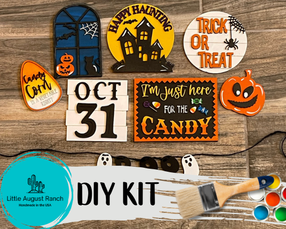 A Little August Ranch Halloween DIY Kit with paint and paintbrushes. Perfect for decorating wooden pieces or adding a spooky touch to your DIY Halloween Tiered Tray - Candy Corn Tier Tray Bundle.