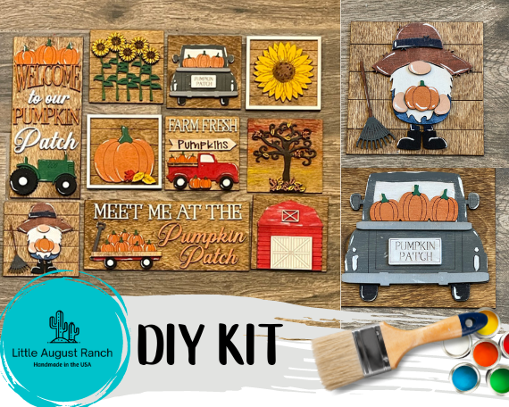 A DIY kit featuring a collection of wooden fall-themed craft pieces including pumpkins, a scarecrow, and a truck designed for tiered trays, laid out with a paintbrush and paints, advertised by Little August Ranch.