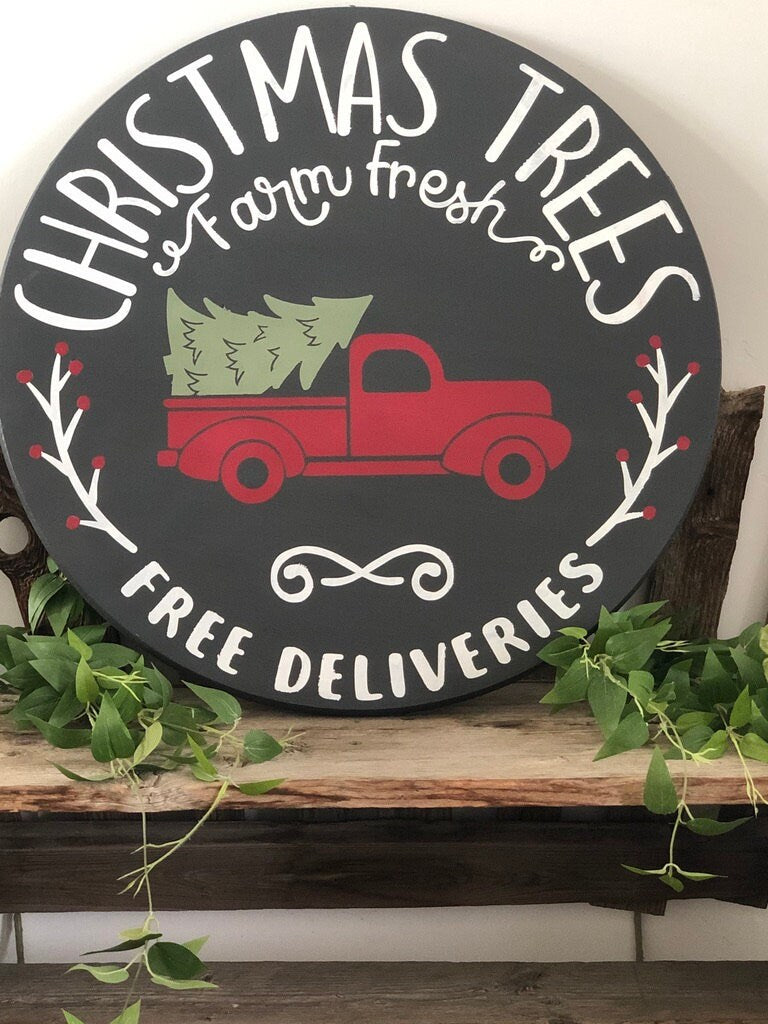 Christmas Tree Farm/Round Sign 24"/ Hand Painted Wood Sign/ Custom