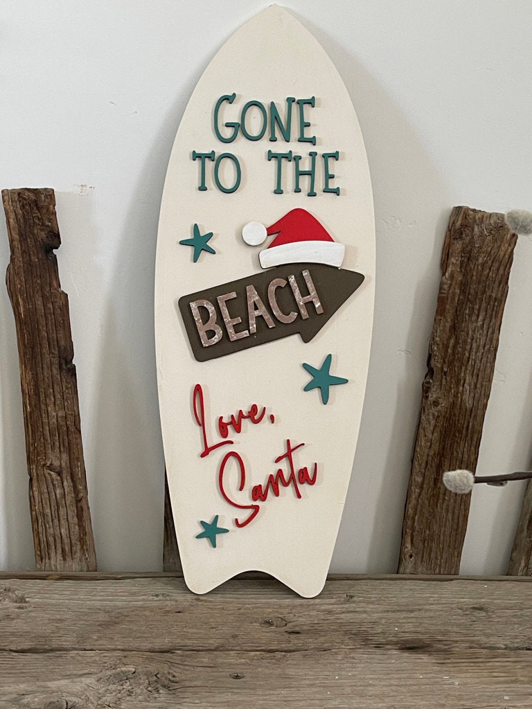 Beach Christmas Decor - Gone to the Beach, Love Santa - Hand Painted Surfboard - Retro Christmas -Christmas in July