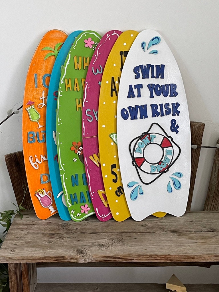 Swim at Your Own Risk Sign - Surfboard Pool Rules Sign - Hand Painted Wood Decor -  Backyard Decor -  Pool Decor - Personalize Option