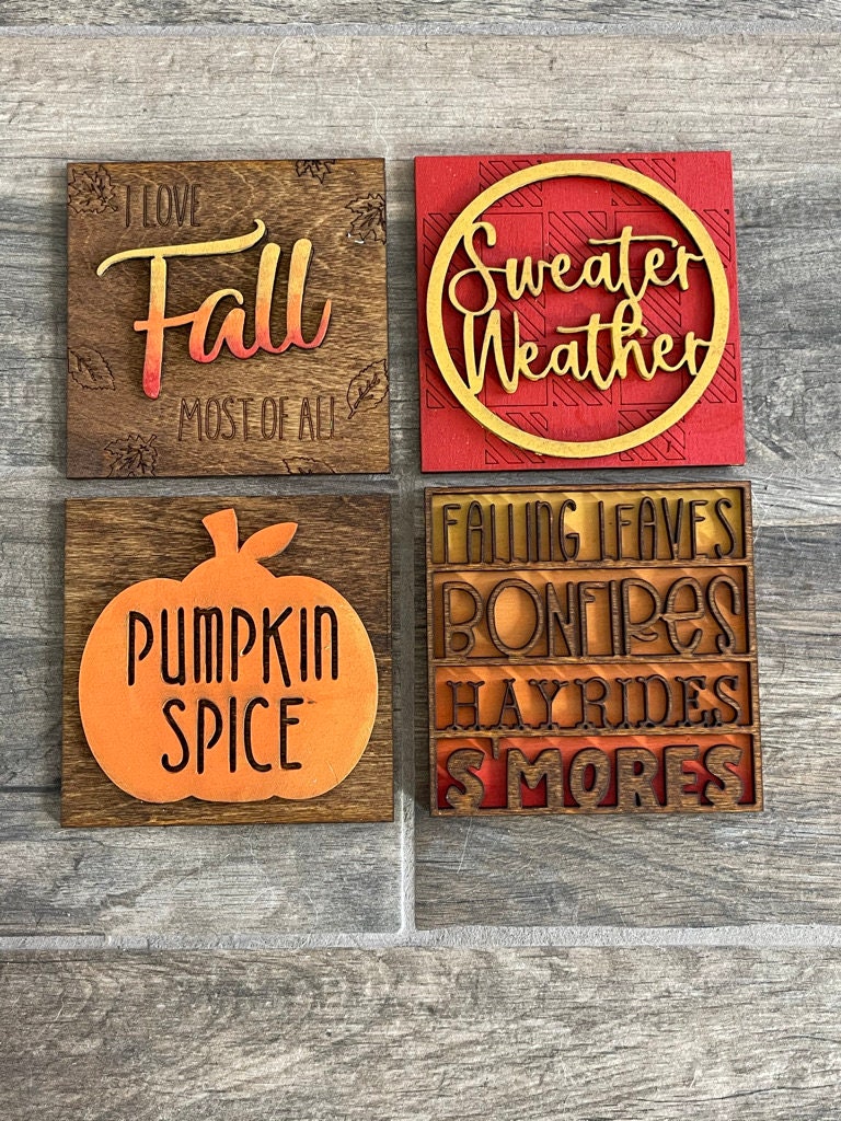 Four Tiered Tray Fall DIY - Leaning Ladder Insert Kits by Little August Ranch featuring the words fall, weather, pumpkin, and spice.
