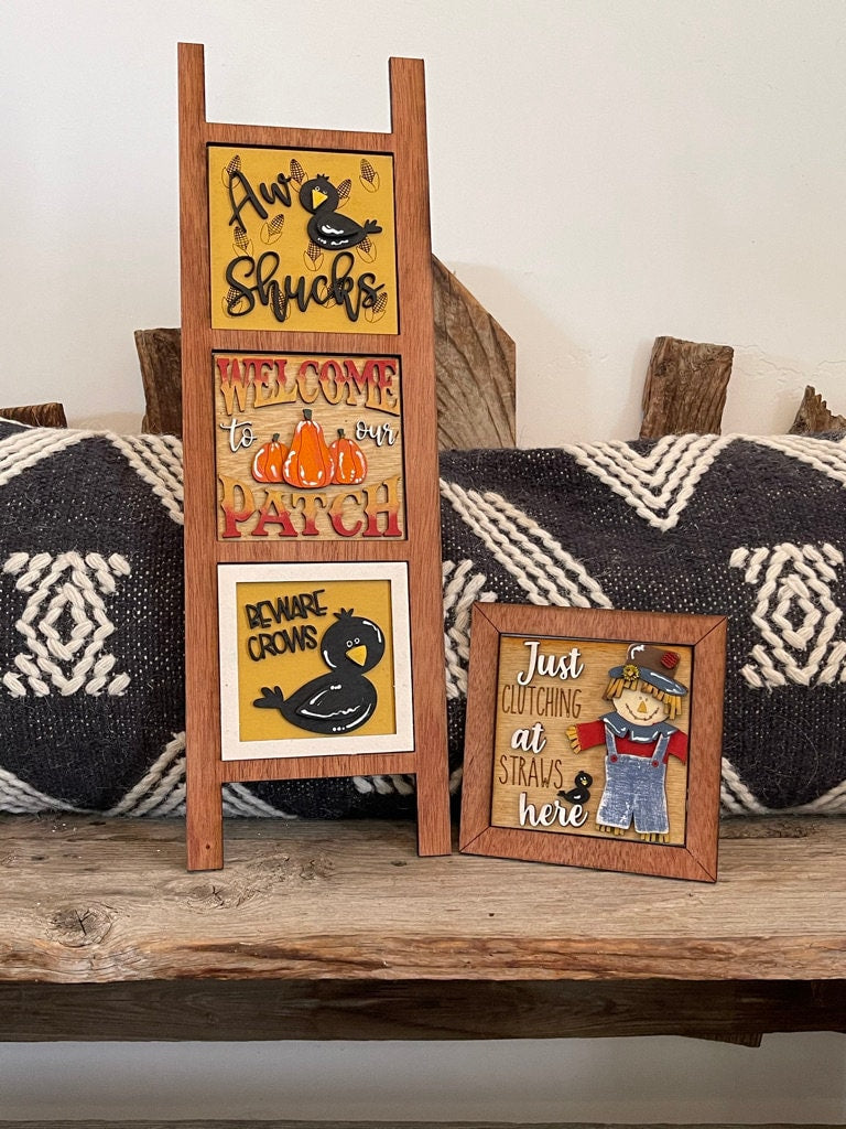 Fall Decor Bundle Scarecrow - Scarecrow Interchangeable Ladder and Tiered Tray Decor - Handcrafted Wood Decor Kit